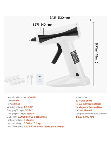 Pistola de Pegamento Caliente Inalámbrica VEVOR 2200mAh