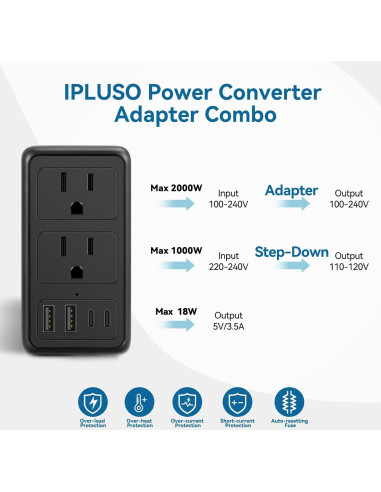 Convertidor de Voltaje 2000W IPLUSO 220V a 110V con USB