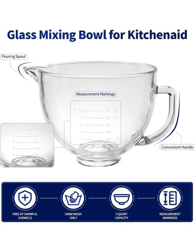 Tazón de Vidrio KitchenAid 5 Cuartos con Marcas de Medición