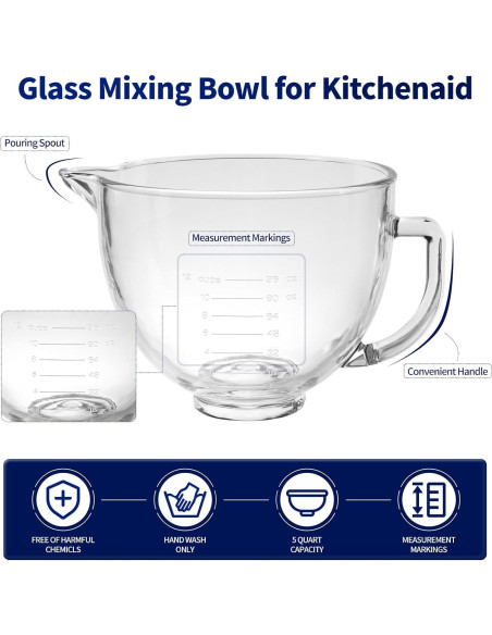 Tazón de Vidrio KitchenAid 5 Cuartos con Marcas de Medición