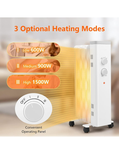 Calefactor de Aceite COSTWAY 1500W Blanco, 3 Niveles Calor