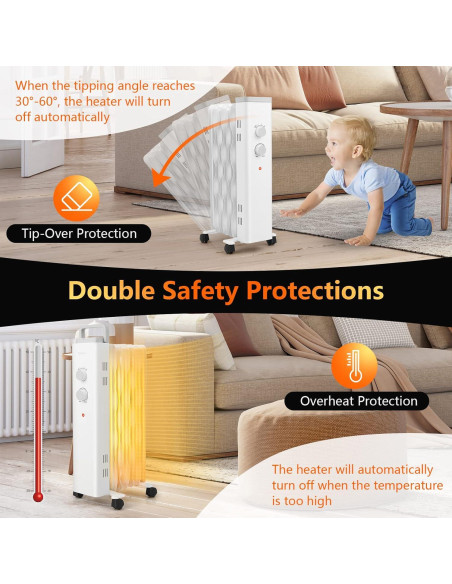 Calefactor de Aceite COSTWAY 1500W Blanco, 3 Niveles Calor