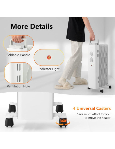 Calefactor de Aceite COSTWAY 1500W Blanco, 3 Niveles Calor