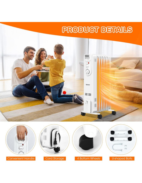 Calentador de Aceite Eléctrico COSTWAY 1500W Portátil con Termostato