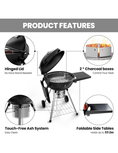 Parrilla de Carbón Ciokea 22" Portátil con Mesa y Cubierta