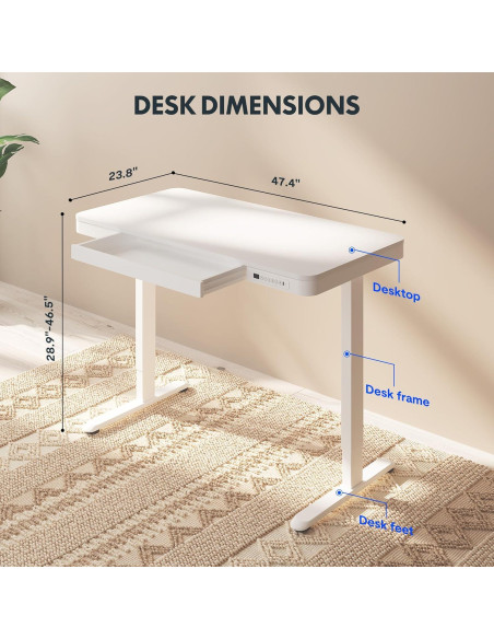 Escritorio de pie eléctrico FLEXISPOT ET-118W blanco con cajón
