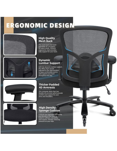 Silla de Oficina Ergonómica Coolka Negra 500lbs Ajustable