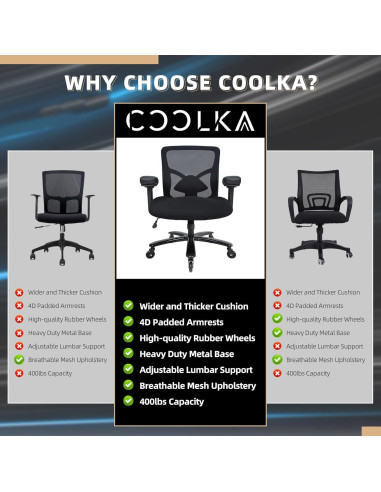 Silla de Oficina Ergonómica Coolka Negra 500lbs Ajustable
