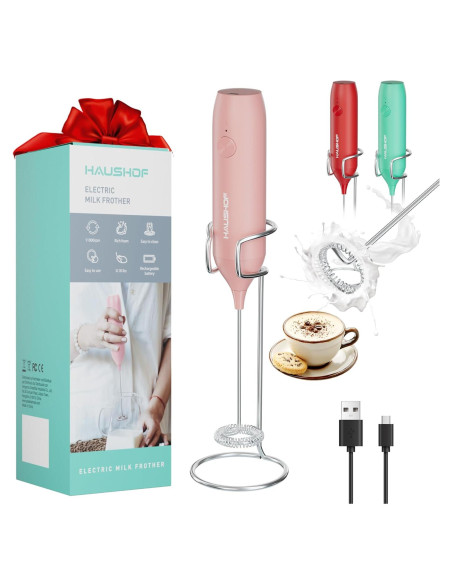 Espumador de Leche Eléctrico HAUSHOF Rosa con Soporte USB-C