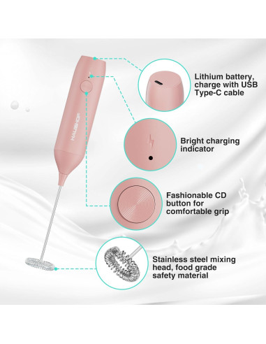 Espumador de Leche Eléctrico HAUSHOF Rosa con Soporte USB-C