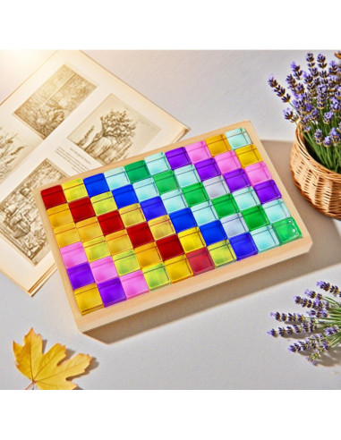 120 Bloques de Gemas Acrílicas Arcoíris con Caja de Madera