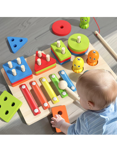 Juguetes Montessori 3 en 1 de Madera para Bebés - Aprendizaje Sensorial