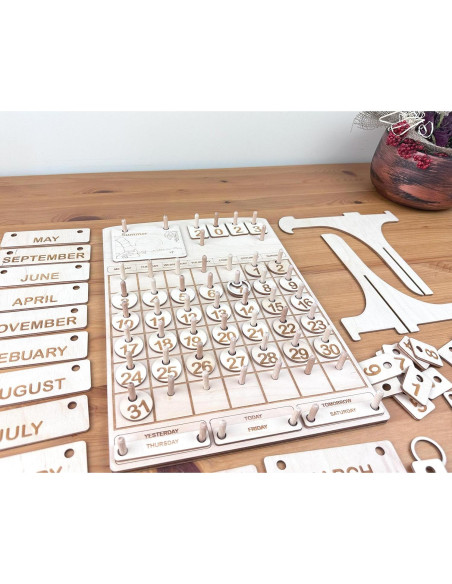 Calendario Perpetuo Montessori de Madera para Niños - 36.9x25.5 cm