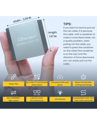 Divisor Ethernet 1 a 2 WinRaybot 1000Mbps USB Alimentado