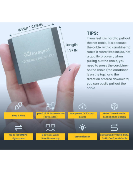 Divisor Ethernet 1 a 2 WinRaybot 1000Mbps USB Alimentado