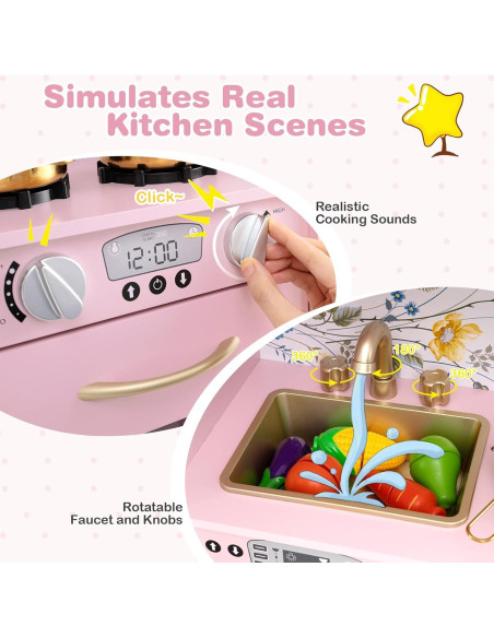 Juego de Cocina para Niños HONEY JOY - Madera, Flor Rosa