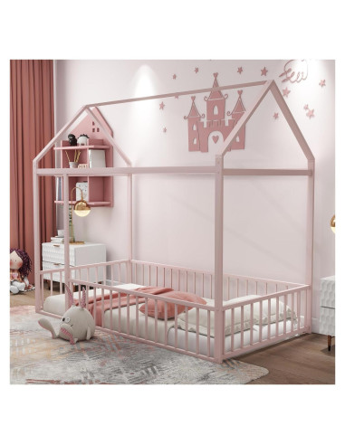 Cama de Piso Casa Twin Bellemave Rosa con Barandillas y Techo