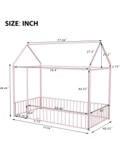 Cama de Piso Casa Twin Bellemave Rosa con Barandillas y Techo 2