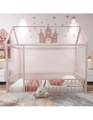 Cama de Piso Casa Twin Bellemave Rosa con Barandillas y Techo