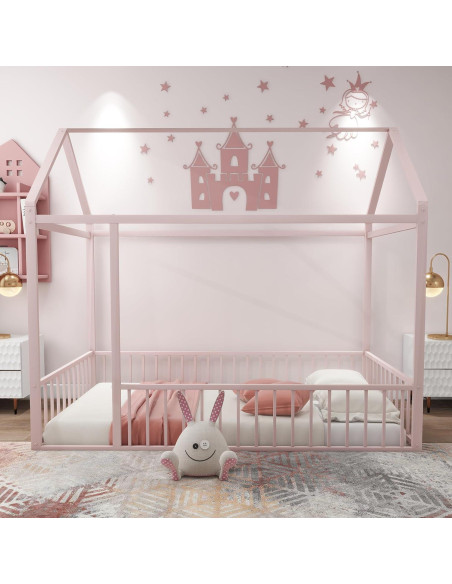 Cama de Piso Casa Twin Bellemave Rosa con Barandillas y Techo