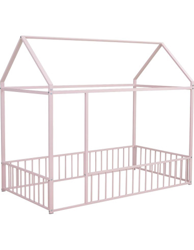 Cama de Piso Casa Twin Bellemave Rosa con Barandillas y Techo
