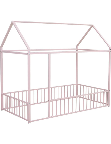 Cama de Piso Casa Twin Bellemave Rosa con Barandillas y Techo