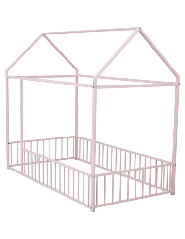 Cama de Piso Casa Twin Bellemave Rosa con Barandillas y Techo