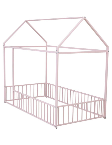 Cama de Piso Casa Twin Bellemave Rosa con Barandillas y Techo