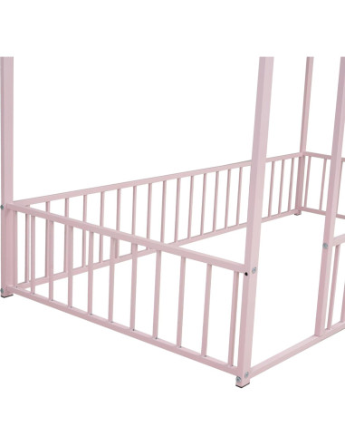 Cama de Piso Casa Twin Bellemave Rosa con Barandillas y Techo