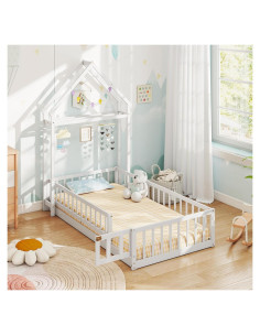 Cama de Piso Doble Montessori Giantex Blanca con Perchero