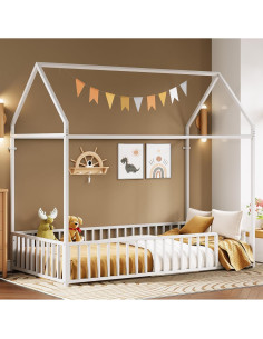 Marco de Cama Twin Metal LIKIMIO con Techo y Barandillas Blancas 2