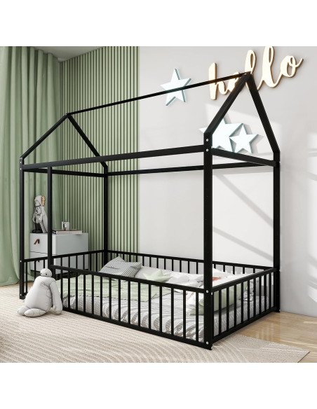 Cama Montessori HAUSHECK Individual Rosa con Techo y Barandillas