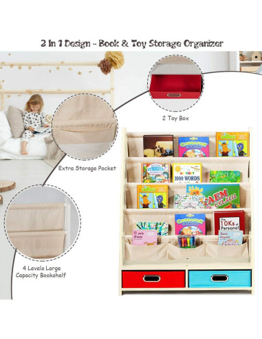 Estantería para Niños Costzon Beige, 4 Bolsillos y 2 Cajas