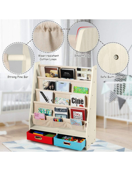 Estantería para Niños Costzon Beige, 4 Bolsillos y 2 Cajas