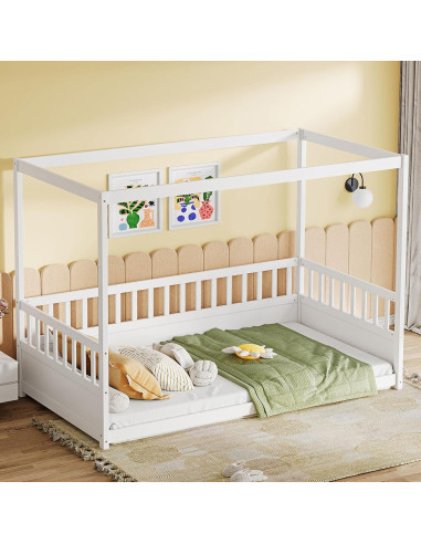Cama Canopy Individual NUPczxg de Madera con Barandillas