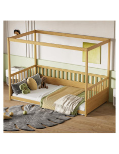 Cama Canopy Individual LUMISOL de Madera Natural con Barandillas