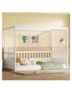 Cama Montessori Twin Ball & Cast con Dosel y Barandillas Blancas
