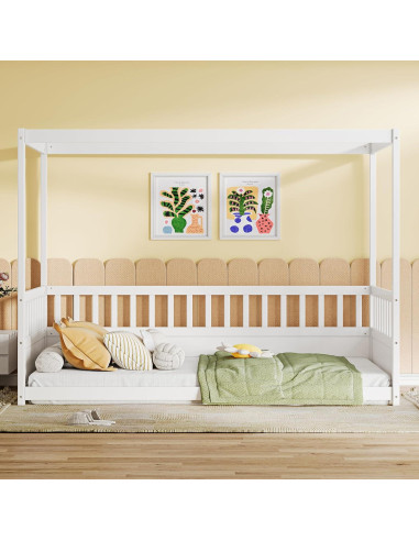 Cama Montessori Twin Ball & Cast con Dosel y Barandillas Blancas
