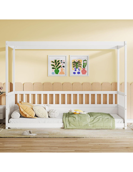 Cama Montessori Twin Ball & Cast con Dosel y Barandillas Blancas