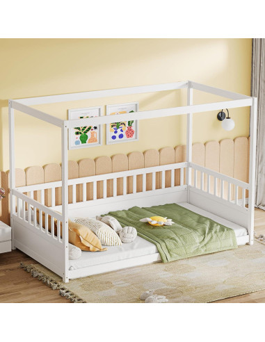 Cama Montessori Twin Ball & Cast con Dosel y Barandillas Blancas