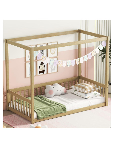 Cama Canopy Completa MERITLINE de Madera Sólida Natural