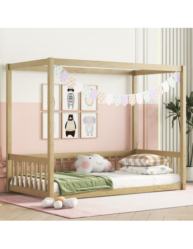 Cama Canopy Completa MERITLINE de Madera Sólida Natural