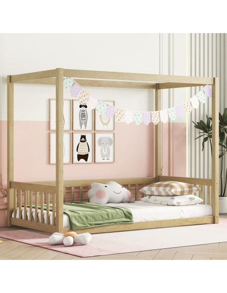 Cama Canopy Completa MERITLINE de Madera Sólida Natural