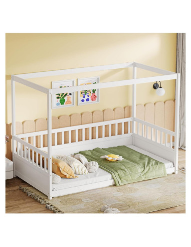Cama Montessori Twin H.X.J. PERFECTLIFE con Dosel y Barandillas