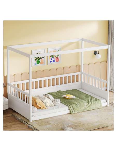 Cama Montessori Twin H.X.J. PERFECTLIFE con Dosel y Barandillas