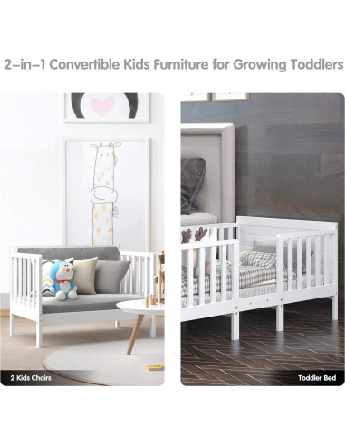 Cama para Niños Costzon de Madera Convertible 2 en 1 Blanca