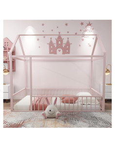 Cama de Metal Twin Merax con Cerca y Techo Rosa para Niños