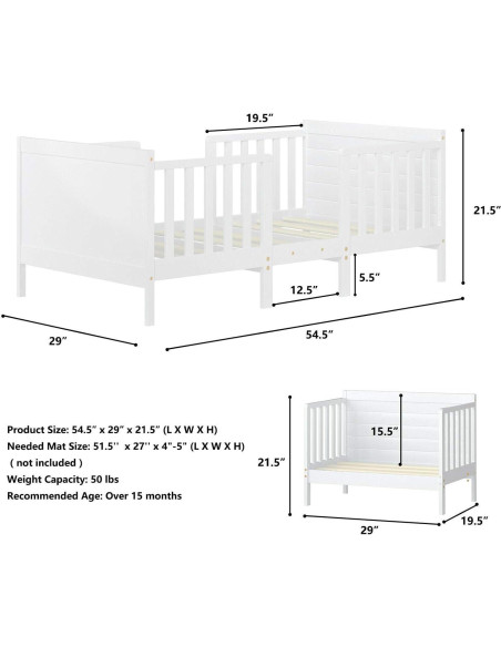 Cama para Niños Costzon de Madera Convertible 2 en 1 Blanca