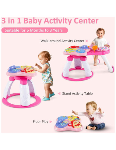 Andador para Bebés INFANS 3 en 1 con Mesa de Juego Rosa