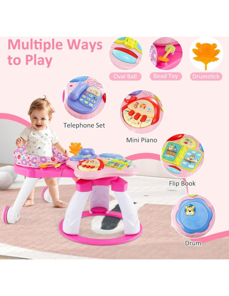 Andador para Bebés INFANS 3 en 1 con Mesa de Juego Rosa